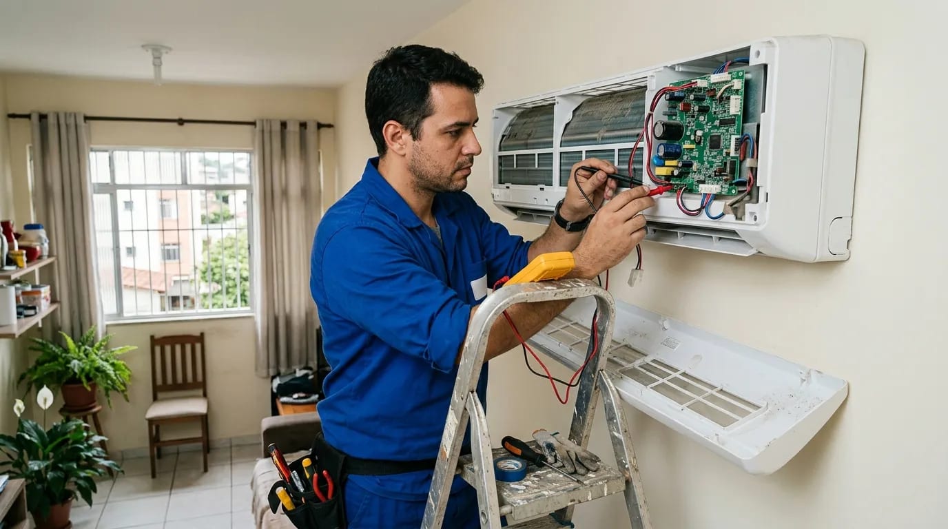 Eletricista ligando a placa do ar-condicionado split em João Pessoa‑PB